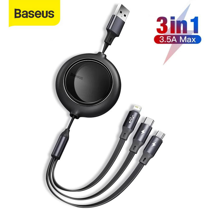 Dây sạc 3 đầu 3 in 1 dây rút lightning micro usb type c Baseus dài 1.2m - cáp sạc 3 trong 1 đa năng cho iphone samsung xiaomi ...vv