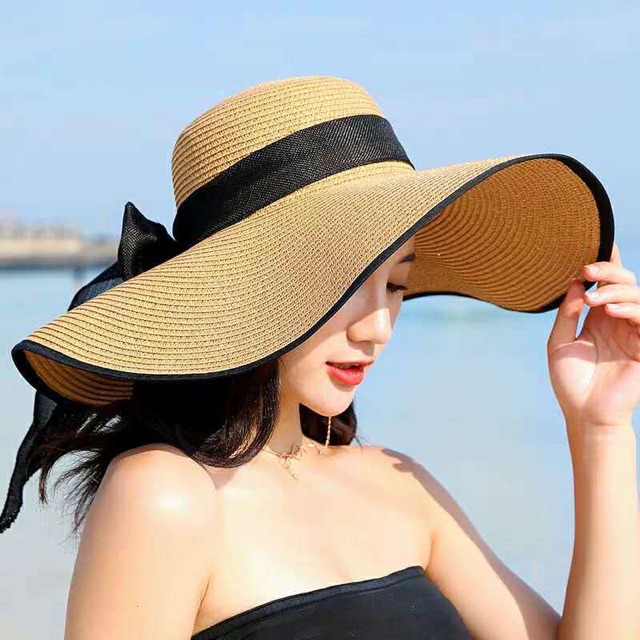 Nón mũ đi biển vành rộng nữ có nơ