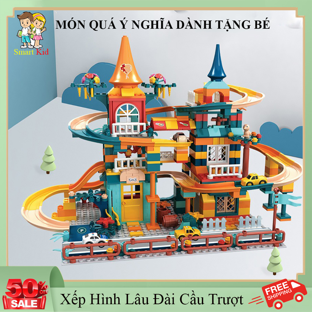Đồ chơi trẻ em xếp hình lâu đài cầu trượt ,đồ chơi phát triển tư duy cao cấp 512 chi tiết kèm nhiều phụ kiện .
