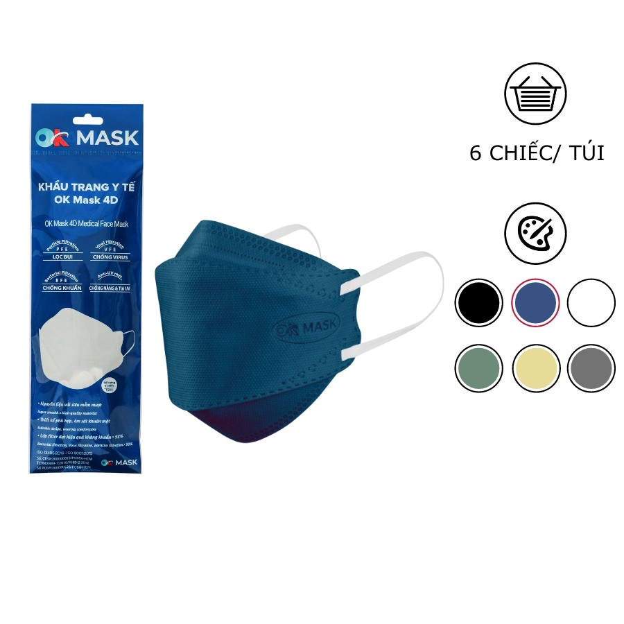 Khẩu Trang Y Tế 4D Ok Mask Túi 6 cái Thiết Kế Kf94, Đạt Chuẩn Kháng Khuẩn, Công Nghệ Nhật Bản