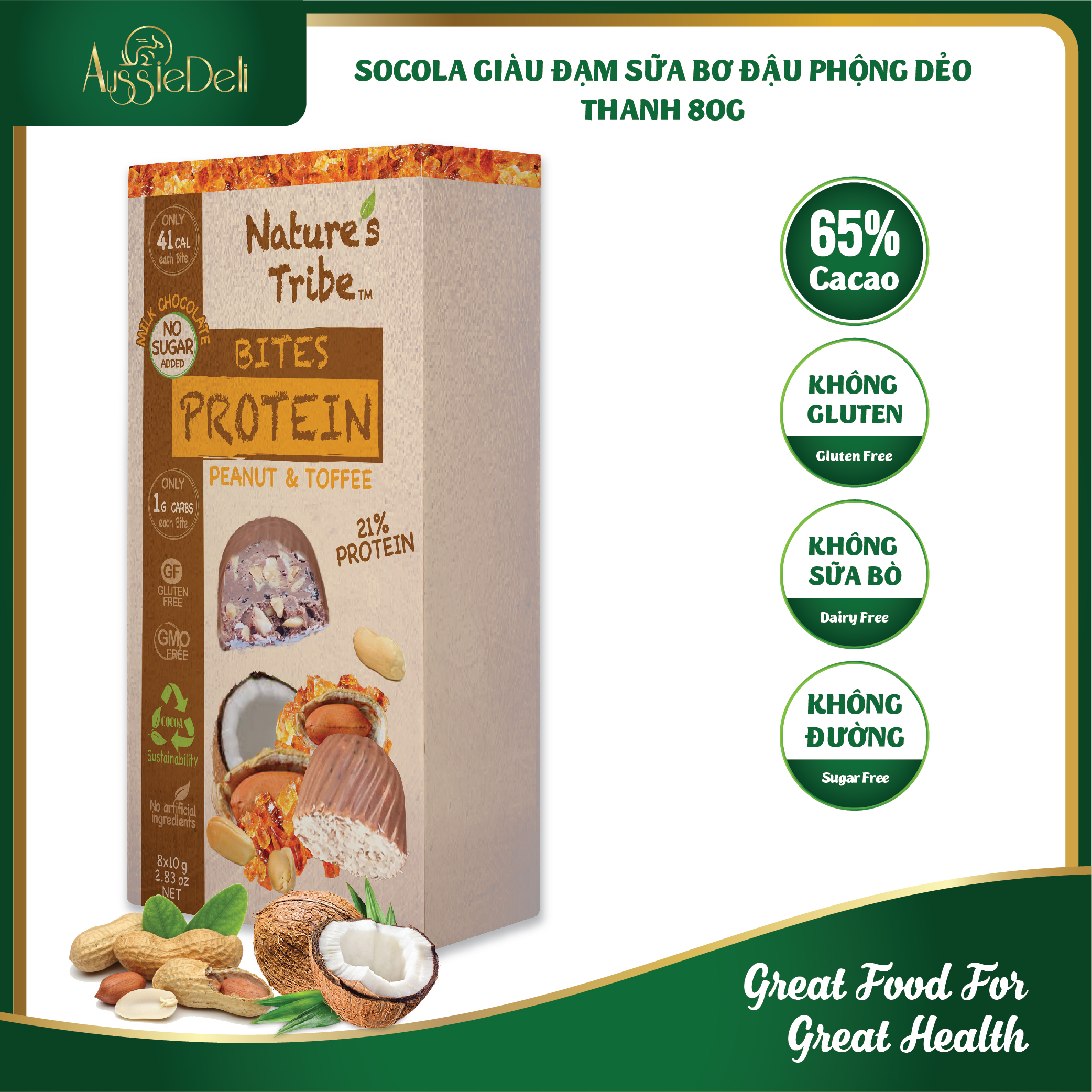 Socola sữa giàu đạm đậu phộng & toffee không thêm đường dạng viên Nature's Tribe - Protein milk chocolate peanut & toffee bites - Hộp 80g