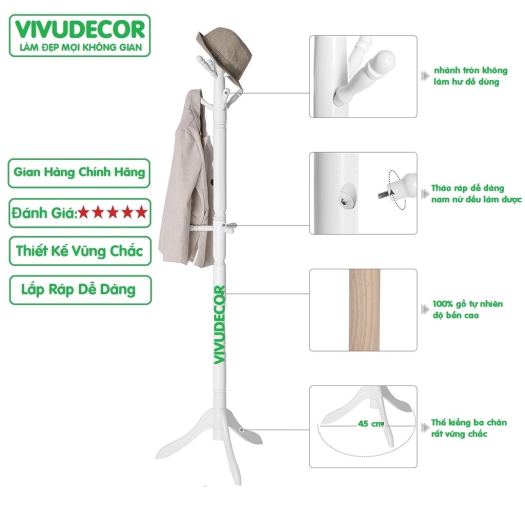 Hot-selling household goods Cây Treo Quần Áo Vivudecor 100 Gỗ Tự Nhiên Cây Treo Đồ GH 9 Nhánh Lắp Ráp Xuất Khẩu Hàn Quốc.