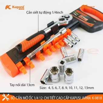 BỘ TUÝP KHẨU 1/4 12 CHI TIẾT KAPUSI JAPAN - BỘ TAY VẶN KÈM KHẨU VẶN ỐC, Tuýp mở bulong, Bộ điếu mở ốc, Bộ khẩu mở siết ốc, Bộ tuýp Nhật Bản, Bộ tuýp sửa xe máy, Bộ khẩu tuýp