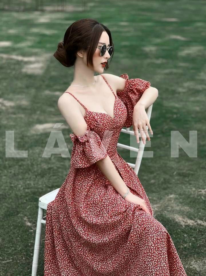 Đầm hoa nhí nữ tay phồng, đầm maxi hoa nhí nữ, đầm maxi trễ vai mặc đi biển, đầm maxi hoa dáng váy xòe sang chảnh
