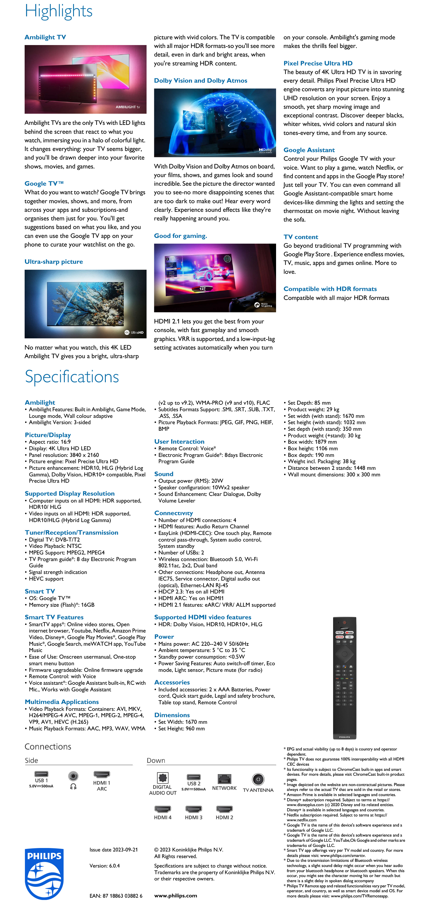 PHILIPS 75PUT7908 75 AMBILIGHT 4K GOOGLE SMART TV PEMASANGAN DINDING GRATIS
