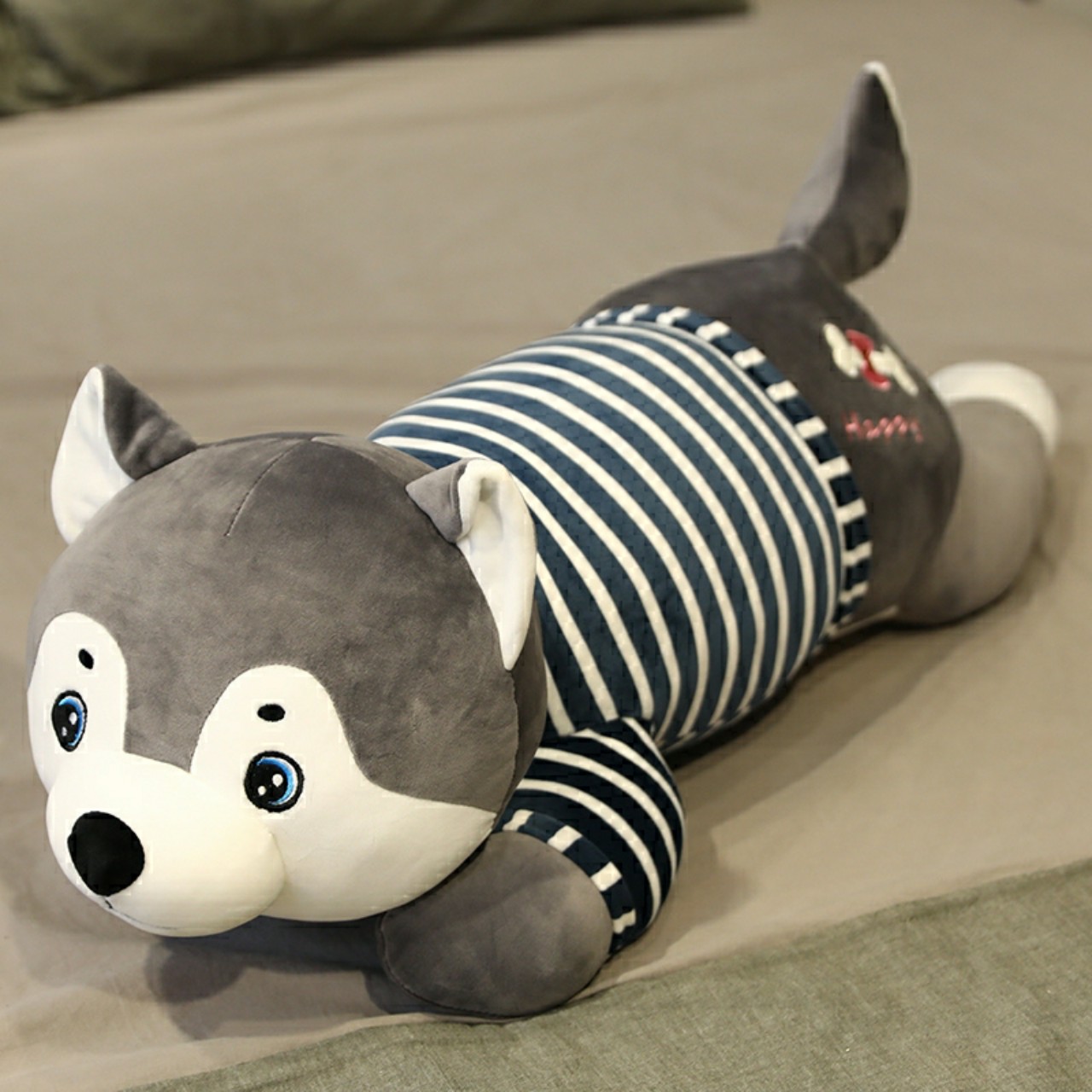 Gấu Bông Chó Husky áo sọc size lớn hàng nhập siêu mềm mịn