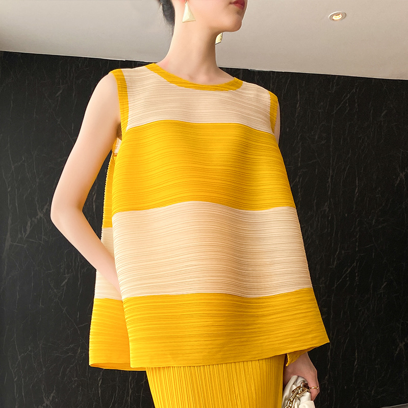 Miyake Áo Xếp Li Áo Ghi Lê Ngoại Cỡ Dáng Rộng Không Tay Dáng Chữ A Phối Màu Cho Nữ X196