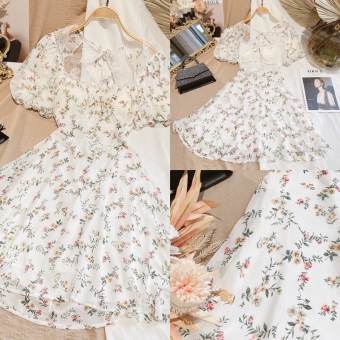 Đầm hoa nhíu ngực viền bèo cutout lưng