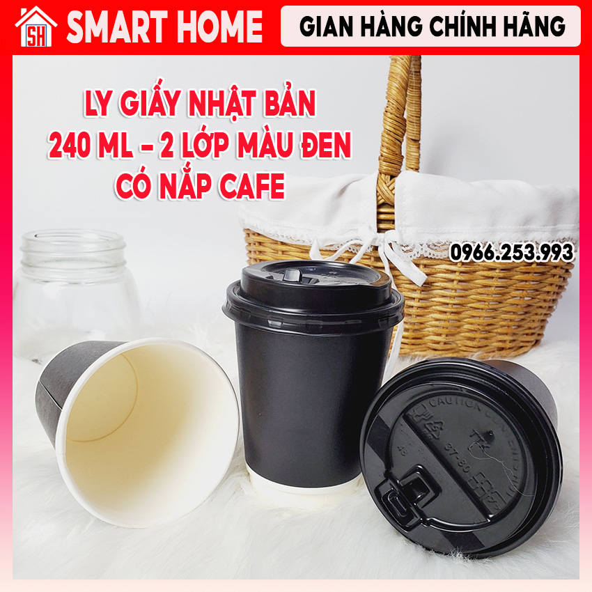 Combo 50 ly giấy nhật bản 240ml 2 lớp màu đen có nắp cafe , ly cốc giấy dùng 1 lần siêu dày dặn, cứng cáp