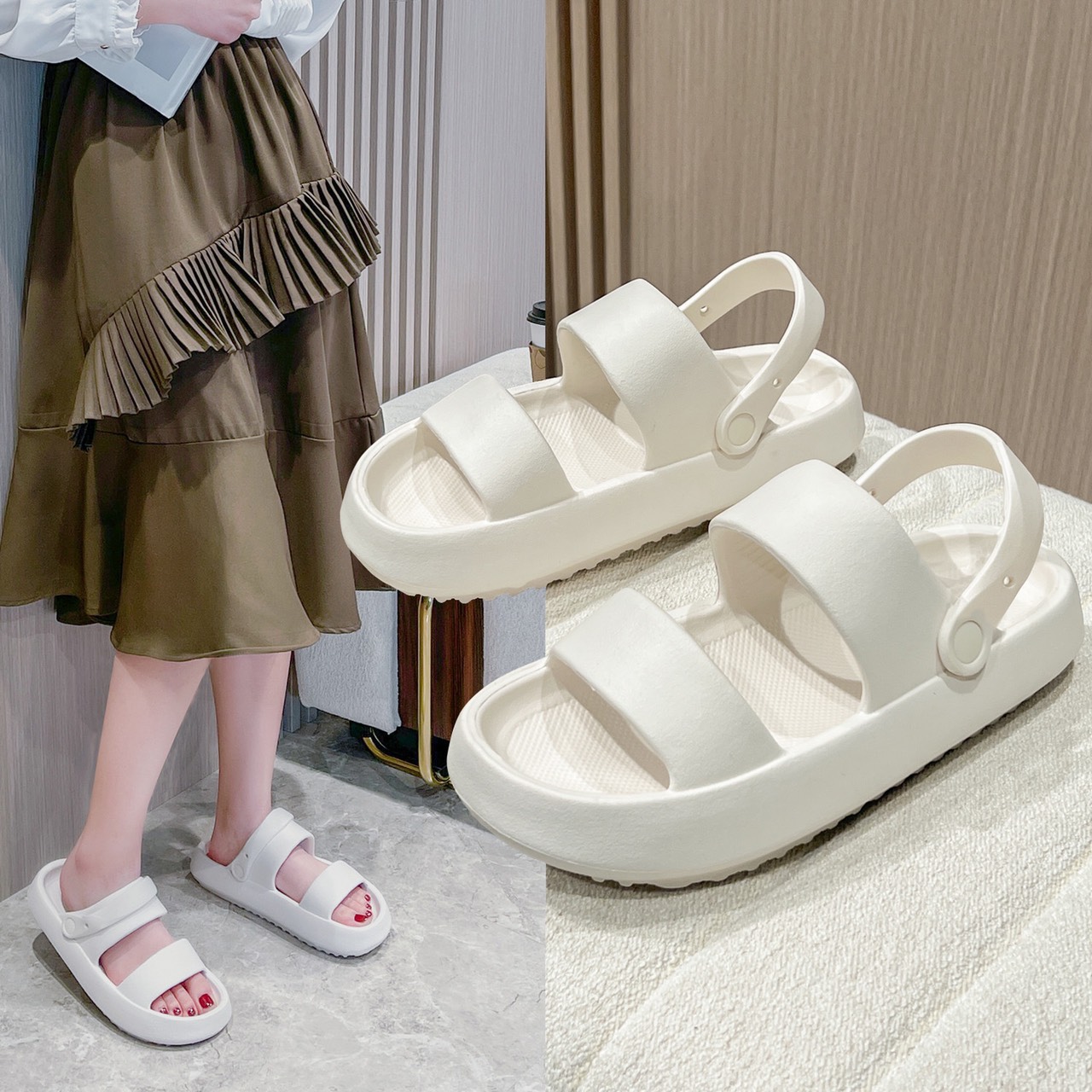 Dép Nam,Nữ sandal đế bằng 2 màu trắng đen size 36-43