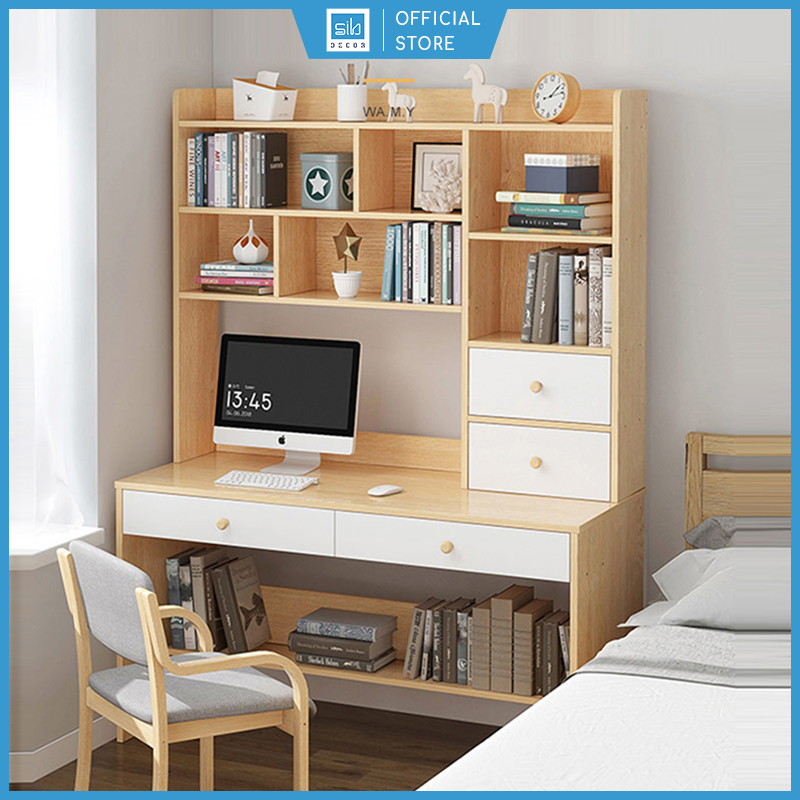 Bàn học kết hợp hệ giá sách, ngăn kéo đa năng hiện đại thương hiệu sib decor màu trắng phối vân gỗ