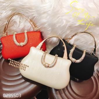 Bóp đầm clutch dạ hội dự tiệc sang trọng đeo chéo xách tay 3 màu trắng kem, đỏ, đen nút bật viền U đính hột lấp lánh siêu xinh cho bạn nữ - (20x5x12cm)