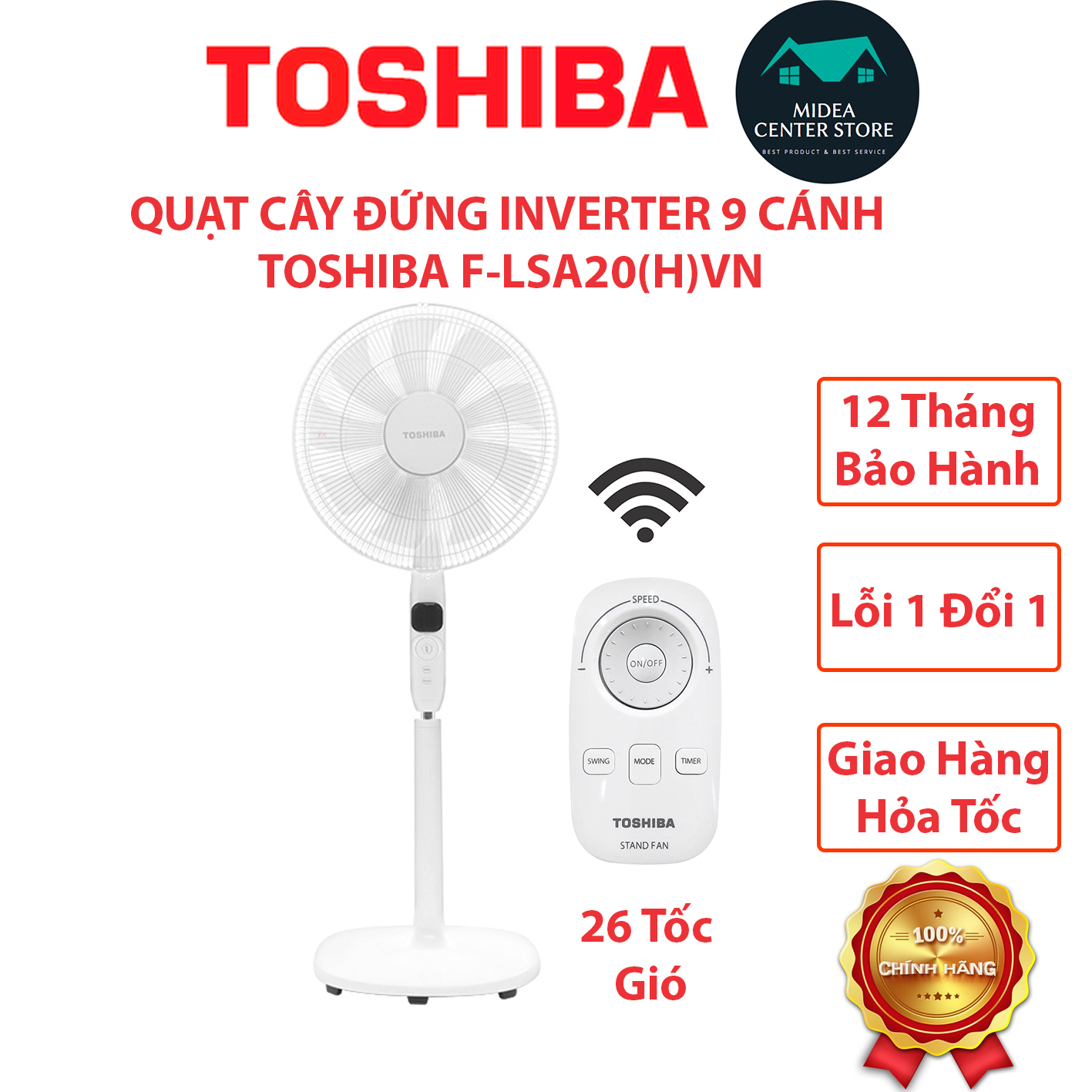Quạt cây đứng Toshiba F-LSD10 động cơ inverter, 26 tốc độ gió, điều khiển từ xa
