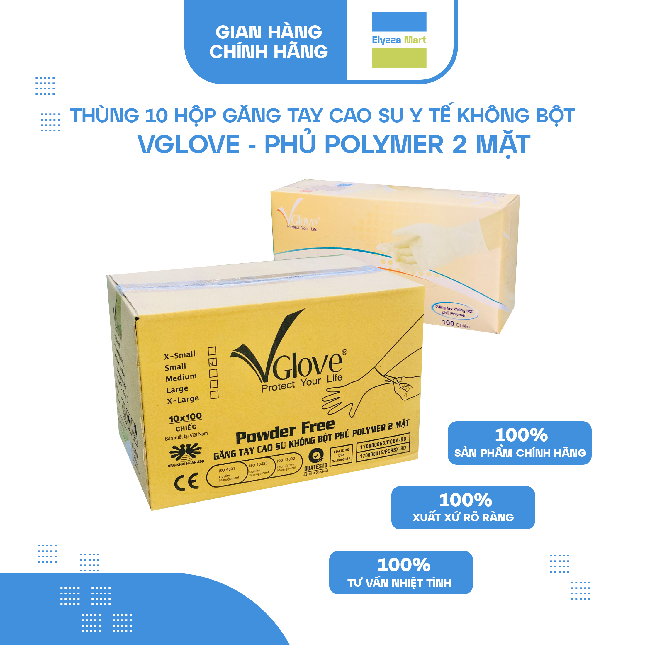 Thùng 10 hộp găng tay cao su y tế vglove không bột phủ polymer