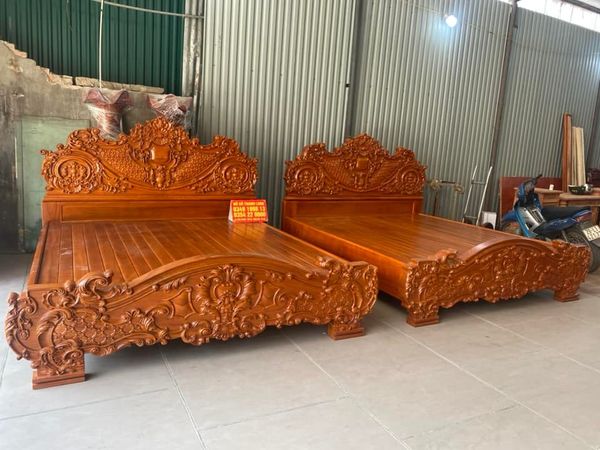 Giường hoàng gia nguyên khối gỗ gõ đỏ kt 2mx2m20 | đồ gỗ thanh long