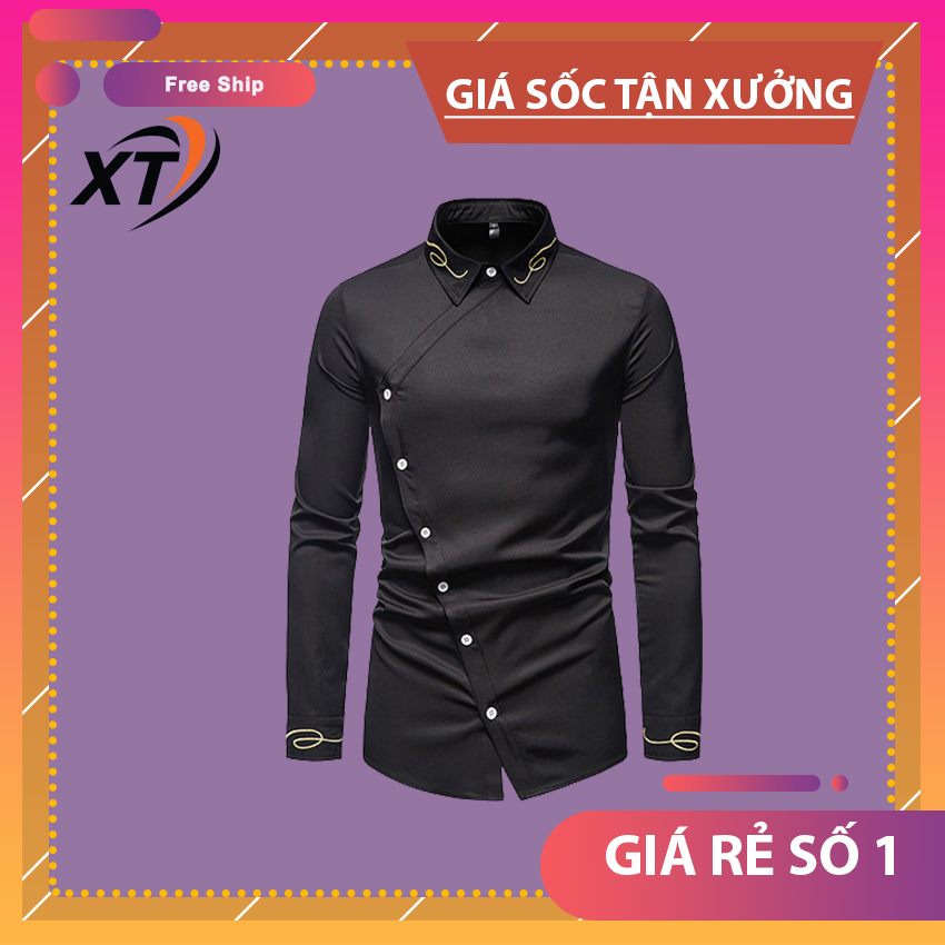 Áo sơ mi, Áo sơ mi nam cúc chéo, theu hoa văn ở cổ, tạo thêm điểm nhấn cho chiếc áo, thu hút cái nhìn cách điệu n27