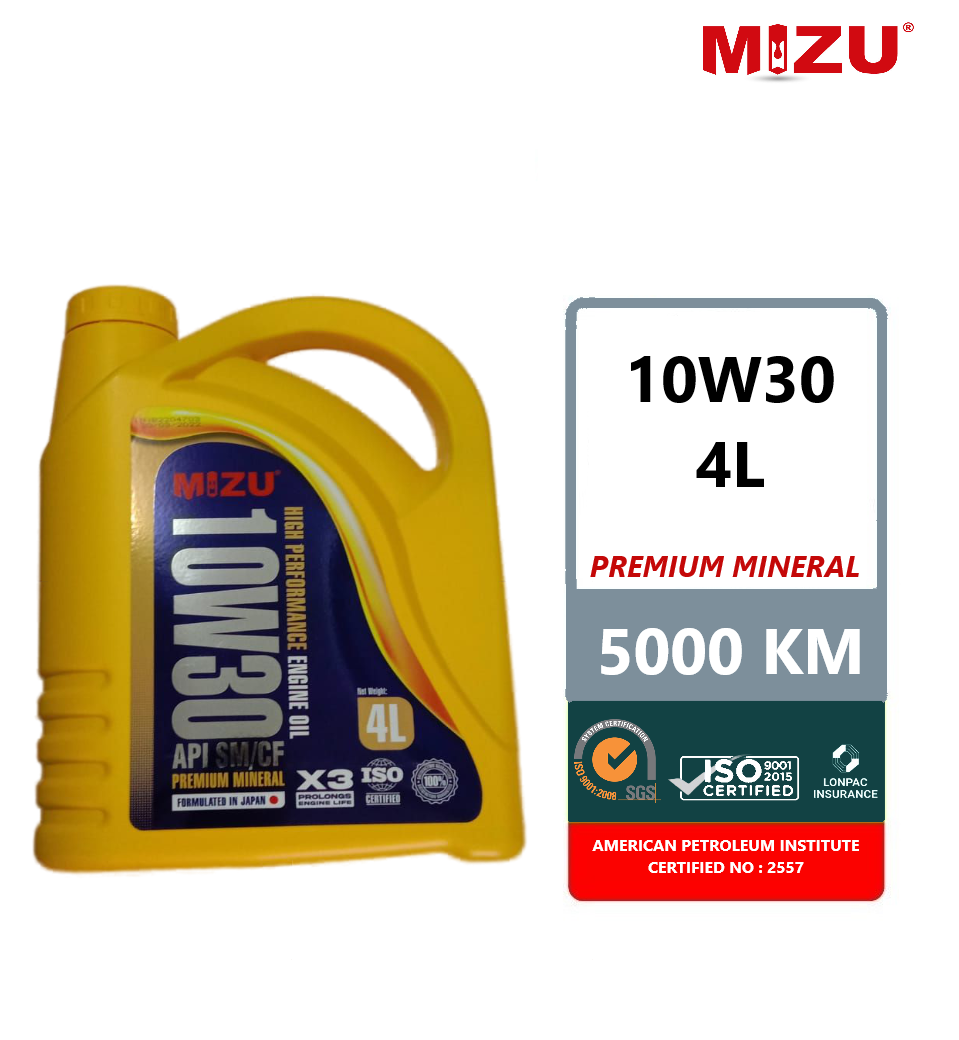 [Free shipment] Mizu Premium Mineral Lubricant 10W-30 Car Engine Oil 4 litres [Limited Promotion ][Free 1 mileage sticker] 10w30 minyak hitam pelincir tulen minyak kereta minyak engin mineral