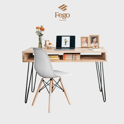 Bàn làm việc gỗ tự nhiên có ngăn chân sắt 120x60 / Bàn gỗ trang trí phòng làm việc - Nội thất FEGO