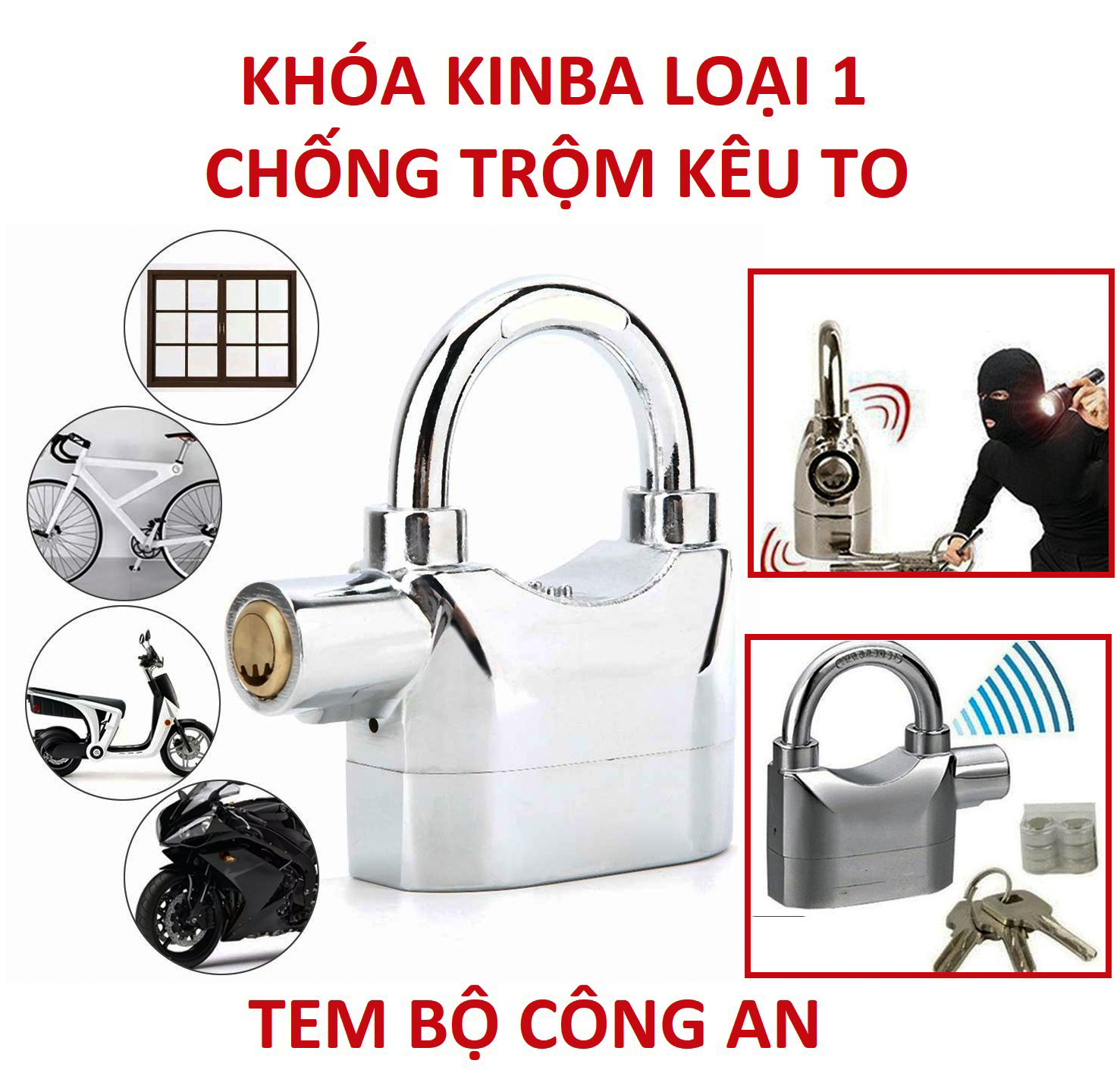 Ổ khóa chống trộm, Khóa chống trộm báo động kinbar LOẠI 1 - Khóa Chống Trộm Kêu To - Chất liệu được làm từ Hợp kim Kẽm Chống Ăn mòn - Bảo Hành 24 Tháng