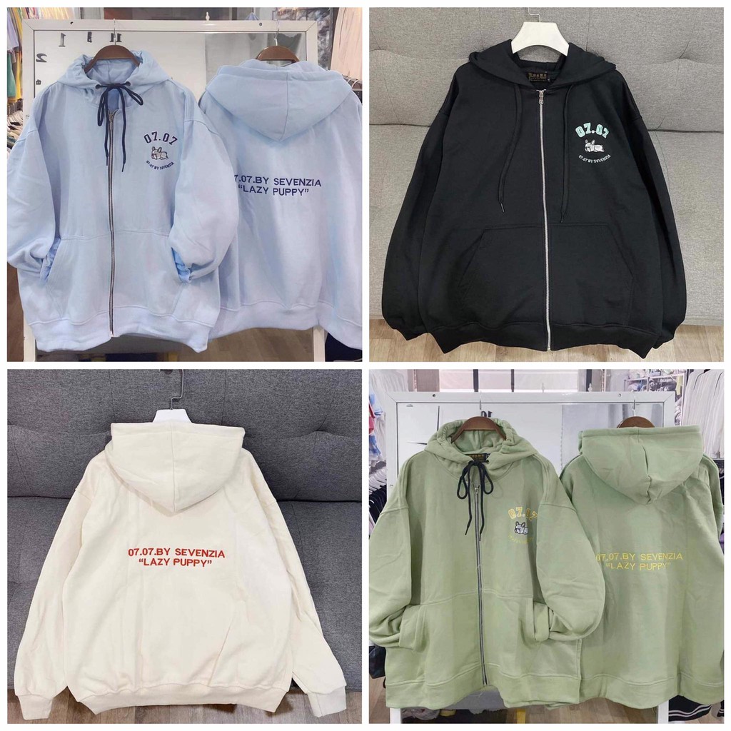 [HCM]Áo Khoác Hoodie Form Rộng Nỉ Thun Dây Kéo Thêu Hình Cún Puppy Unisex
