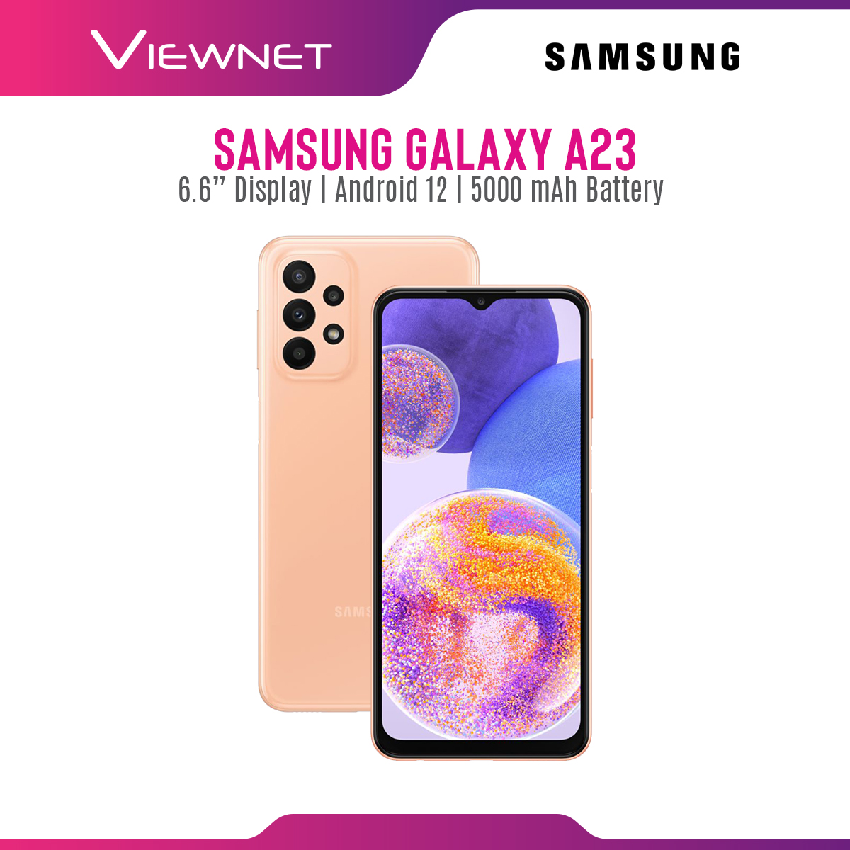 Samsung Galaxy A23 ( Peach ) 4G / LTE Smartphone with 6.6 Inch Display, Android 12, MicroSD Slot Up to 1TB, 5000 mAh Battery
