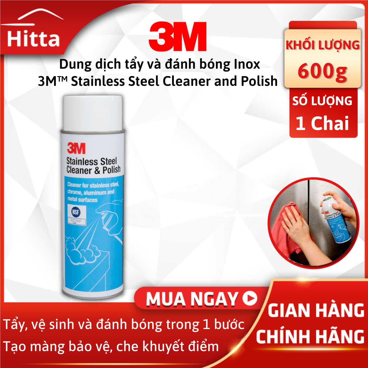 Dung dịch tẩy và làm sạch đánh bóng Inox 3M Stainless steel Cleaner & Polish 21 oz