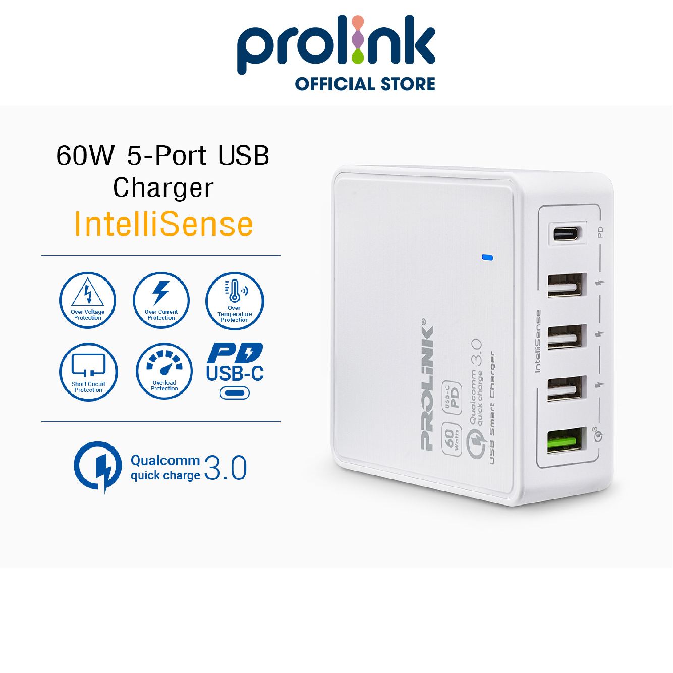 Củ sạc nhanh 60W PROLiNK PDC56001 có 5 cổng (1 USB-C & 4 USB-A) dành cho Macbook, iPhone, iPad, Samsung, Xiaomi