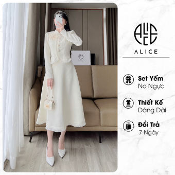 Váy Dạ Mềm Lót Lụa Cao Cấp ALICE Kèm Chân Váy Xoè, Thiết Kế Hoa Cài Ngực Thanh Lịch, Sang Trọng S253