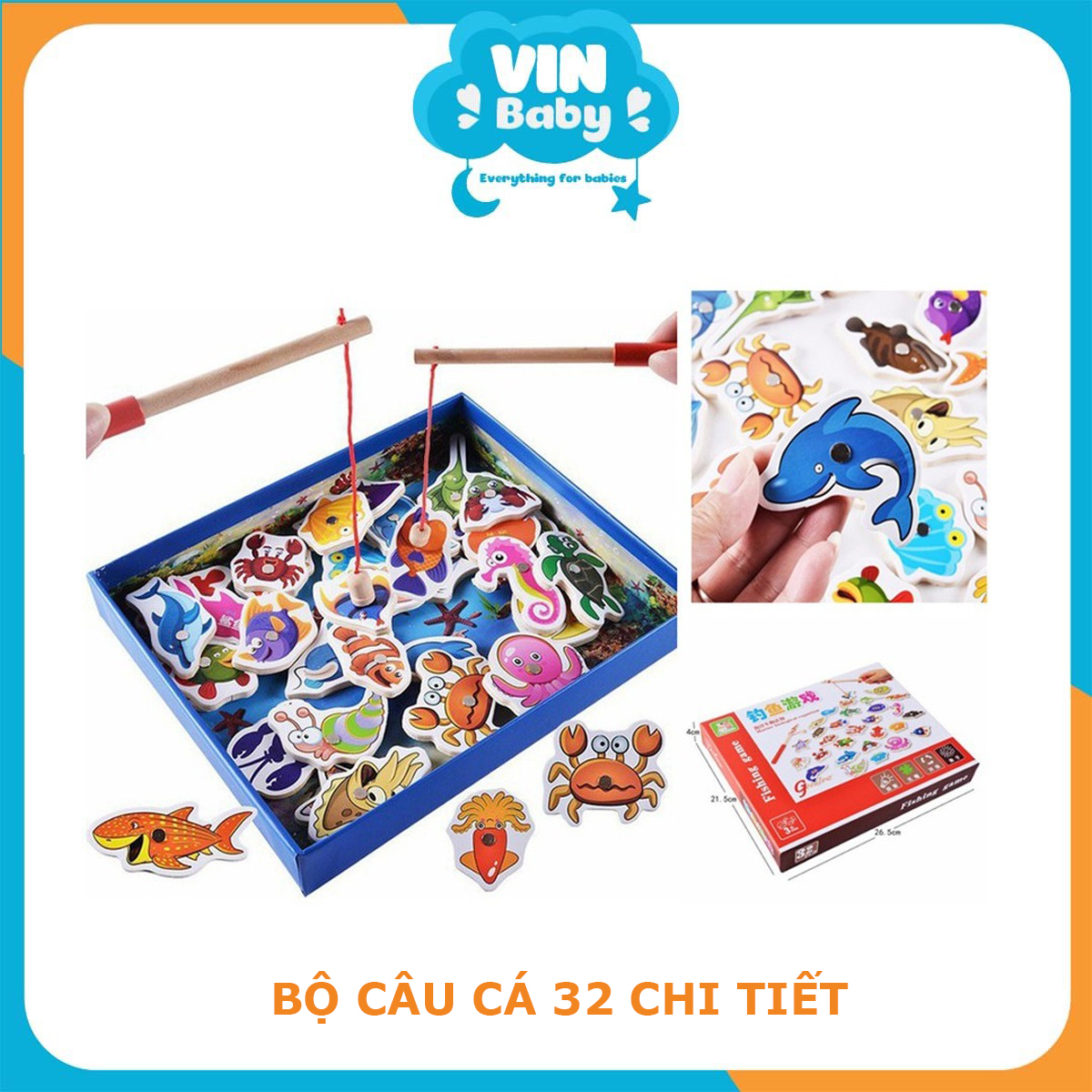 Bộ câu cá 32 chi tiết - bộ câu cá đại dương bằng gỗ 32 chi tiết song ngữ việt anh - vinbaby