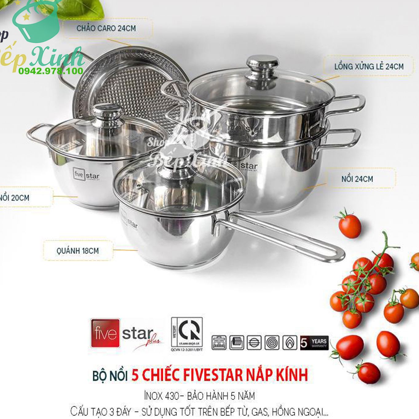 Bộ nồi inox cao cấp Fivestar 5 chiếc 3 đáy dùng được mọi bếp , inox 430 - nồi inox bếp từ - Shop Bếp Xinh