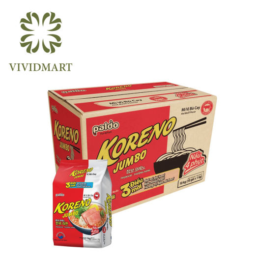MÌ JUMBO KORENO 6 VỊ: HẢI SẢN CAY, KIM CHI, TÔM, GÀ, NẤM, BÒ CAY - LỐC 10 GÓI 100gr - KORENO
