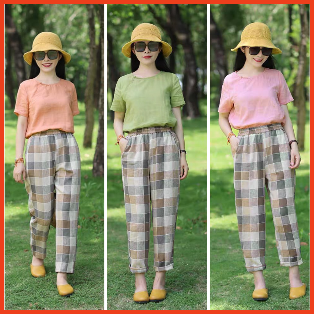 Bồ Đồ nữ trung niên Yanis Áo cổ tròn đính cúc chất vải Linen Quần kẻ mặc đi chơi thoáng mát