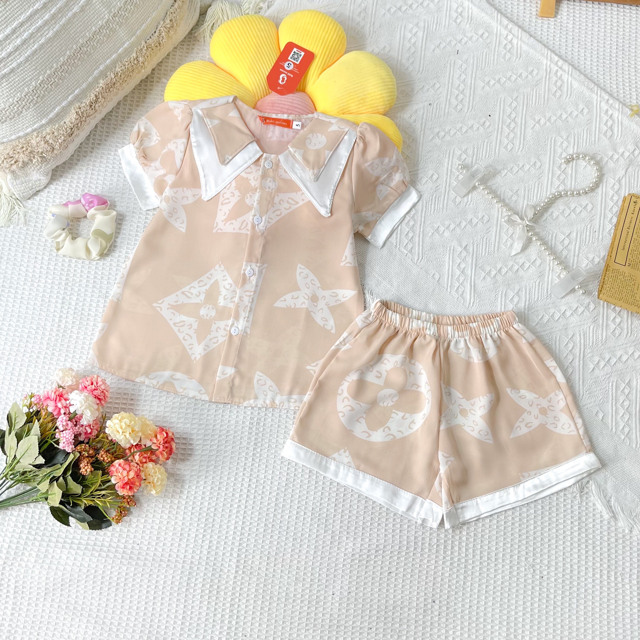Bộ ngủ cộc đùi bé gái, bộ pijama lụa mango cao cấp cho bé từ 13-35kg - boody - bpn45