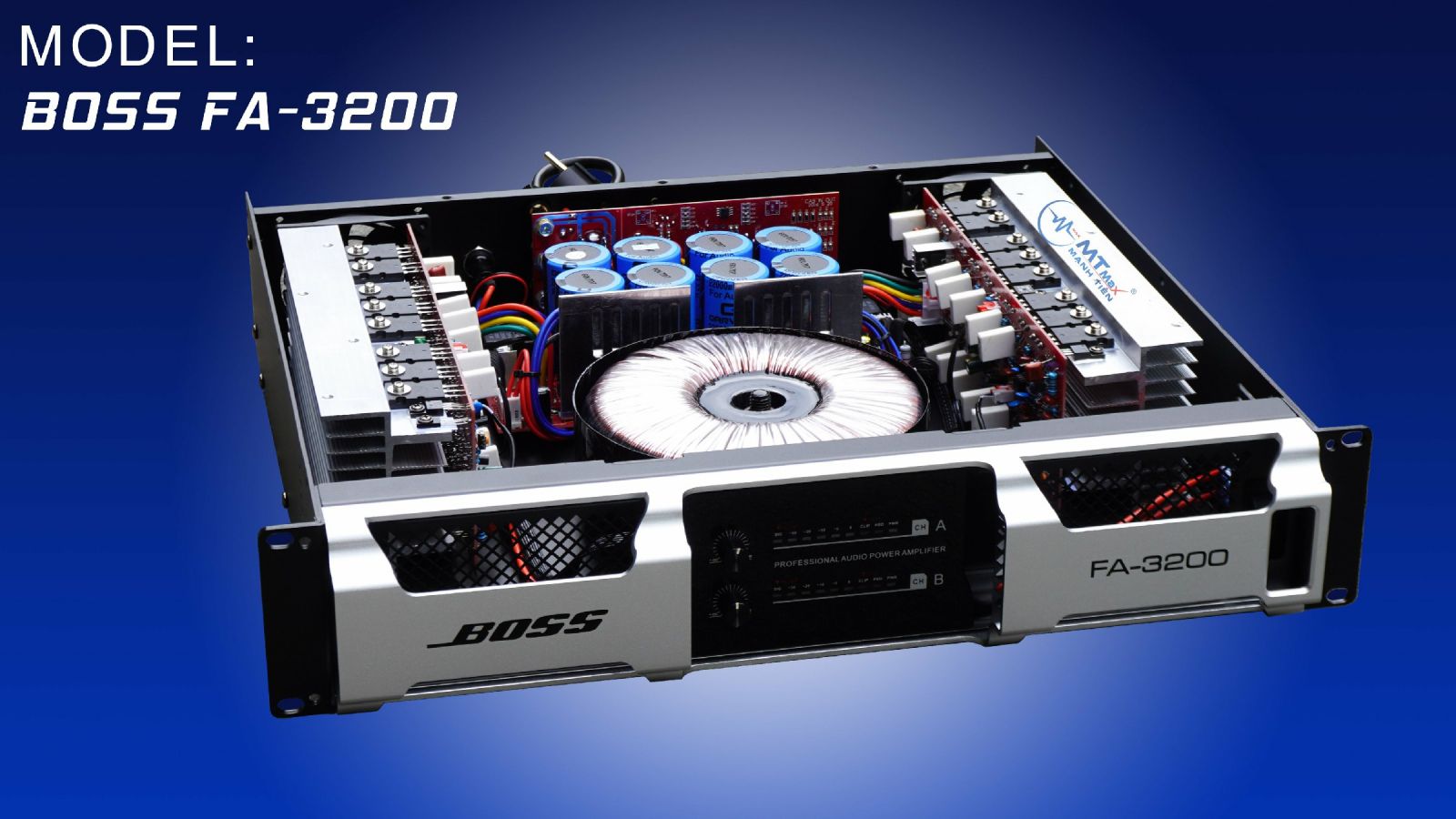 Cục đẩy công suất lớn boss fa-3200 - main công suất 2 kênh, 32 sò, 8 tụ - 2 quạt tản nhiệt lớn, tăng phô đồng nguyên chất-ông suất đầu ra 1200w x 2ch/8ω – 2200w x 2ch/4 ω