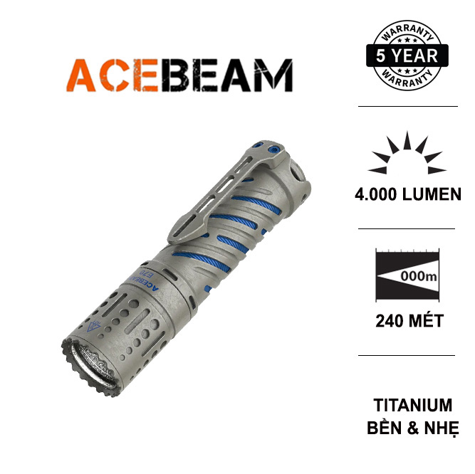 Đèn pin siêu sáng acebeam e70 titanium led xhp70.2 độ sáng 4000lumen, chiếu xa 240m, pin 21700 đèn đèn pin