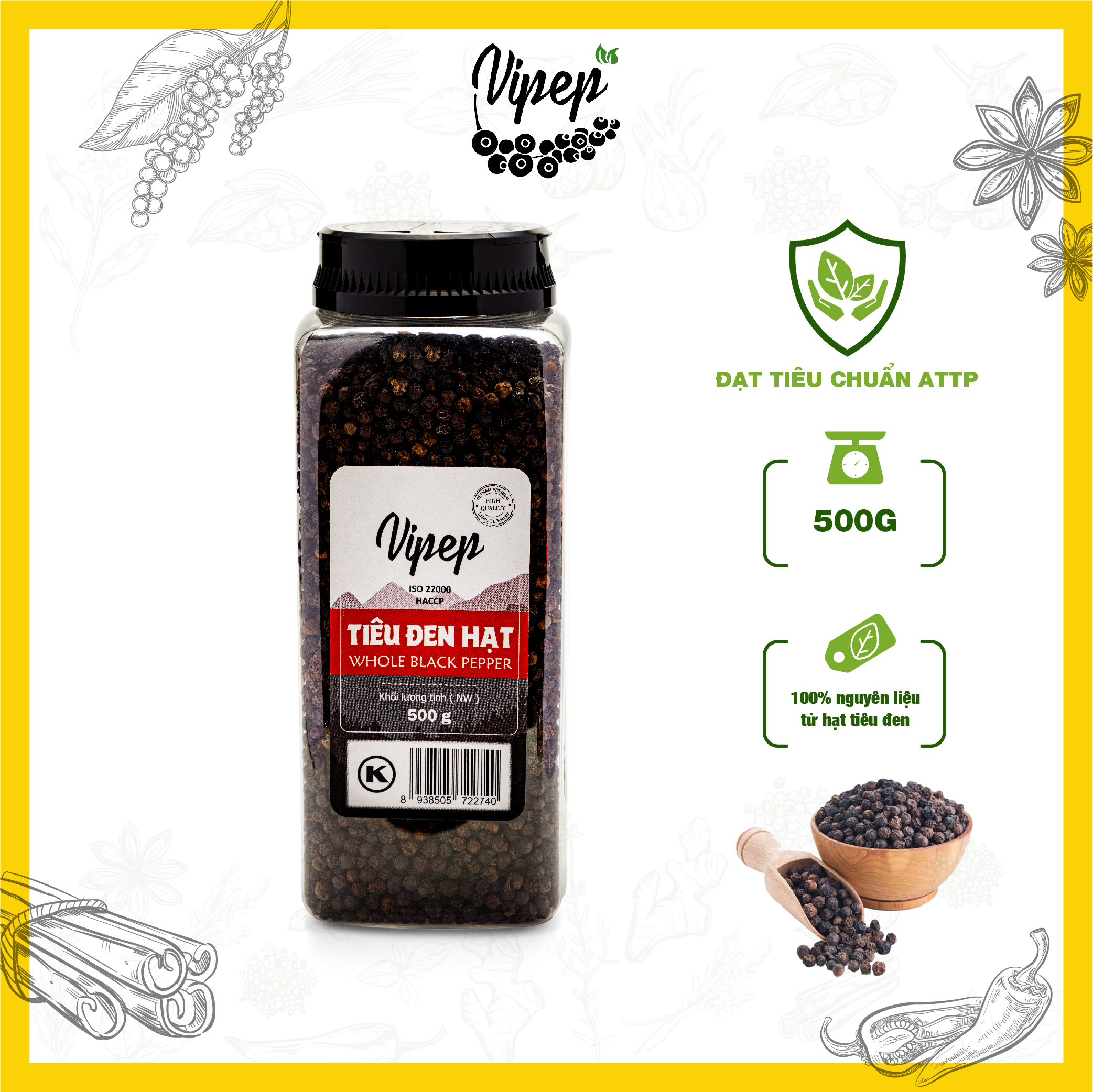 Tiêu đen hạt Vipep, hạt tiêu chắc đều không bị lép, 100% nguyên liệu sạch hũ lớn 500g tiết kiệm (gia vị nhà bếp)