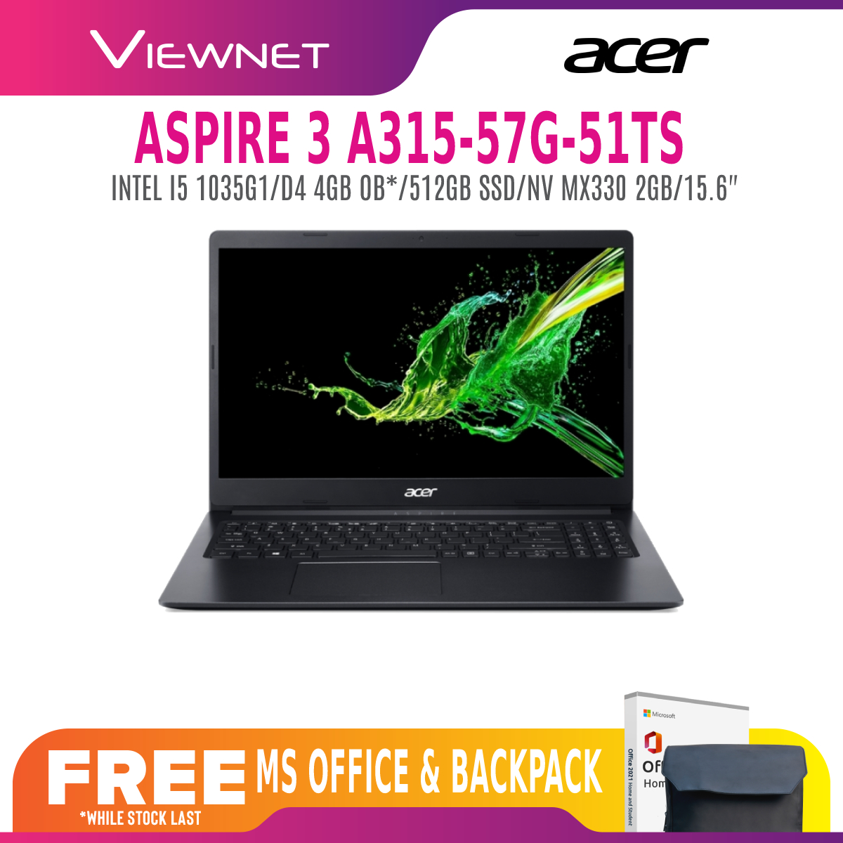 Acer Aspire 3 A315-57G-541R  A315-57G-57L2  A315-57G-51TS LAPTOP INTEL CORE I5 1035G1 4GB DDR4 512GB SSD/NV MX330 2GB 15.6