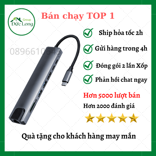 Hub type c 8in1 cổng chuyển đổi hub usb type-c to hdmi, usb 3.0, sd, tf, rj45, pd type-c cho laptop macbook