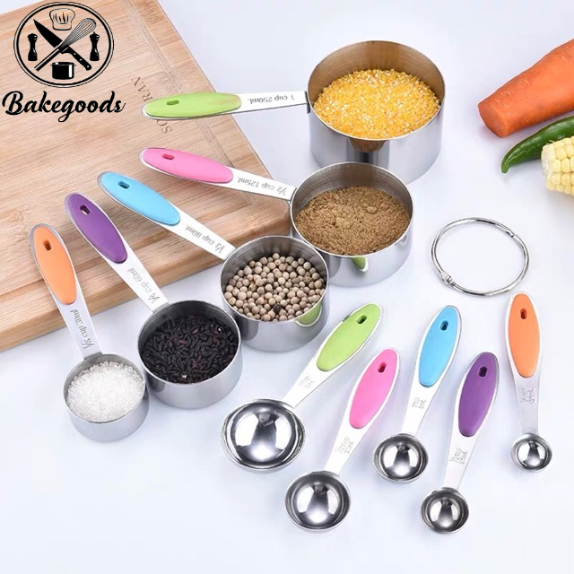 Bộ 10 thìa đong, cup đong định lượng inox cán silicone màu sắc hàng đẹp dùng đo phụ gia làm bánh