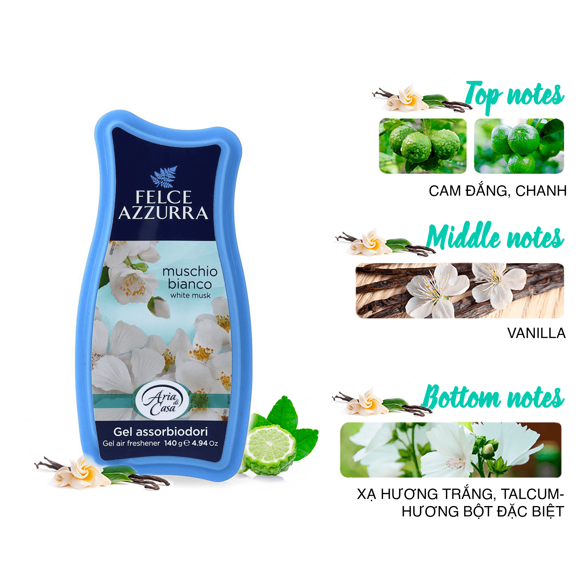 Sáp thơm phòng khử mùi cao cấp hương nước hoa Ý hương xạ hương trắng Felce Azzurra hộp 140g phù hợp phòng khách, phòng ngủ, phòng vệ sinh, tủ quần áo