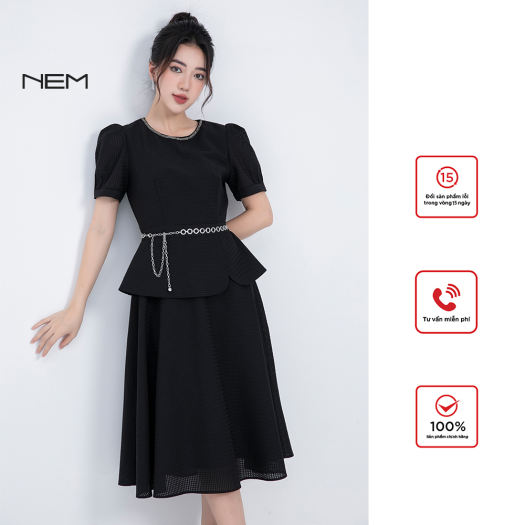 DH3 Đầm liền phối 2 màu kiểu peplum xếp ly eo đáp ren