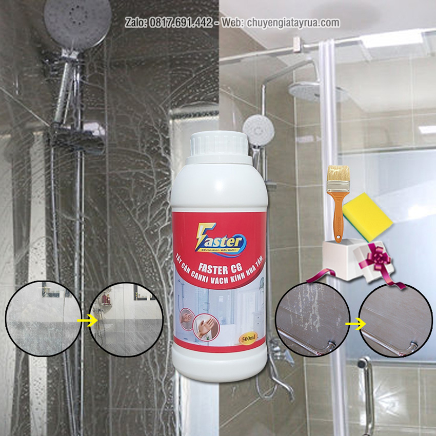 Siêu Tẩy Cặn Canxi Vách Kính Nhà Tắm (Tặng Thêm Cọ Vệ Sinh), Vệ Sinh Gương Nhà Tắm, Bể Cá Ố Mốc Lâu Ngày Siêu Mạnh Faster CG Chai Dung Tích Lớn 500ml