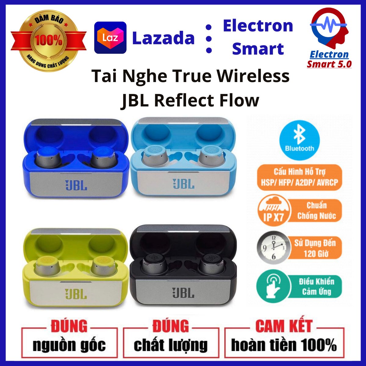 Tai nghe bluetooth không dây jbl reflect flow - tai nghe true wireless jbl reflect flow - thiết kế nhỏ gọn đa màu sắc, chất liệu cao cấp, nhiều kích cỡ đệm tai - chống nước ipx7, thời lượng pin lên đến 10 giờ - bảo hành 12 tháng