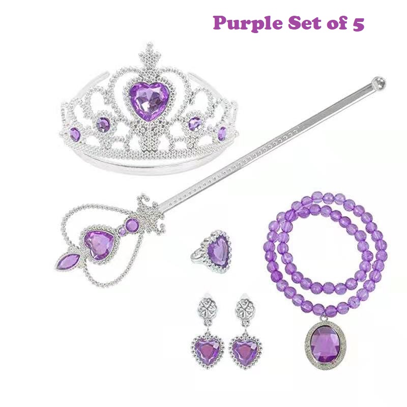 SG Seller Princess Frozen Elsa Rapunzel Sophia Party Accessory Set Kids Children Necklace Magic Wand Tiara Necklace Earring Purple set of 5