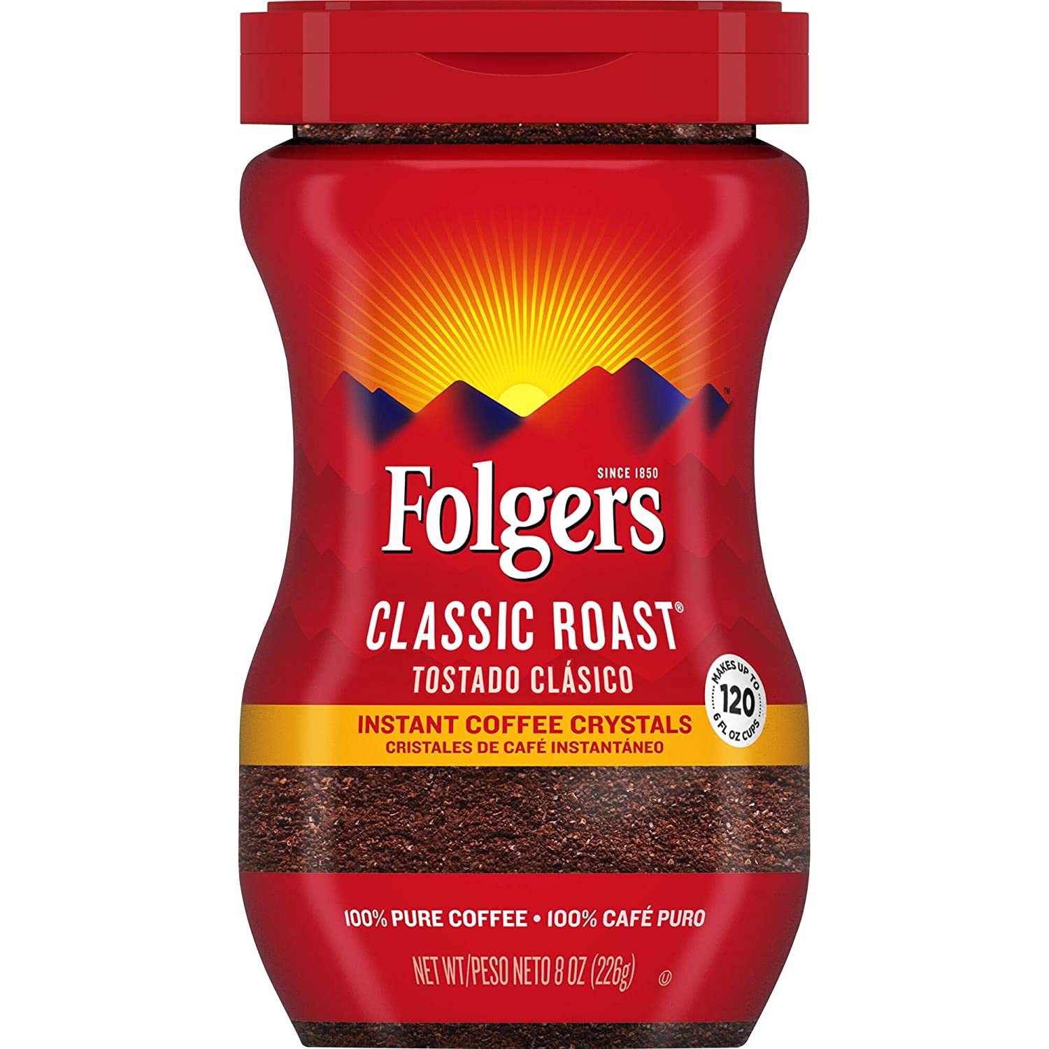 Cafe rang hòa tan hương vị cổ điển Folgers Classic Roast Instant Coffee Crystals 8 or 12 Ounces (226