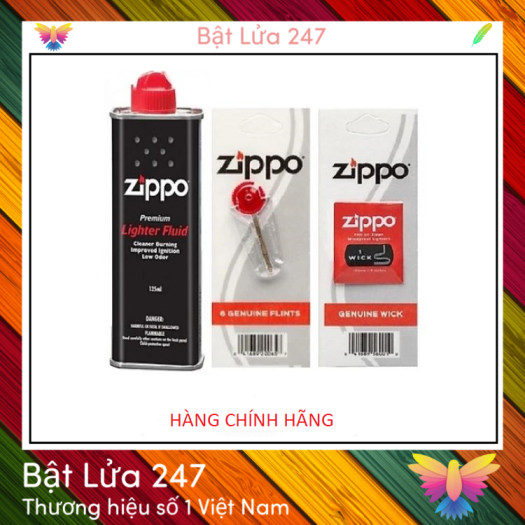 Combo 3 Phụ Kiện Xăng - Đá - Bấc Zippo chính hãng Mỹ, có logo, tem phản quang, mã vạch.