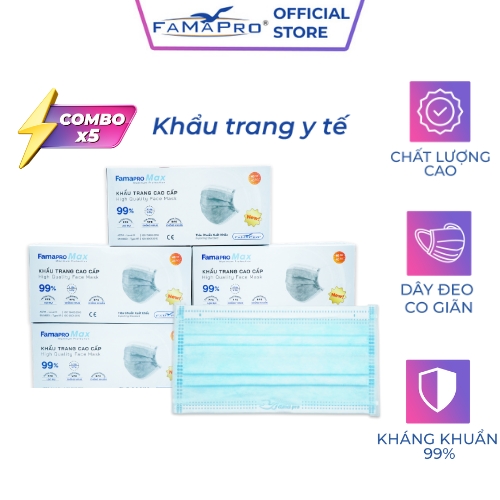 Combo 5 hộp khẩu trang y tế 4 lớp FAMAPRO MAX kháng khuẩn