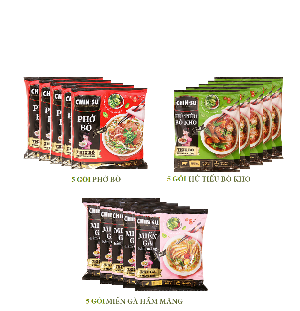 Cần 468.000 đ/thùng = 15 phần gồm 5 gói phỡ bò + 5 gói hủ tiếu bò kho + 5 gói miến gà nấu măng chinsu - thật thơm ngon và cực tiện lợi cho bữa sáng đủ đầy, cả ngày hạnh phúc !!!!!!!