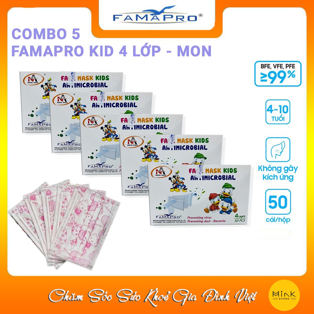 Combo 5 khẩu trang trẻ em kháng khuẩn famapro 4 lớp/đủ màu sắc/hộp 50 cái