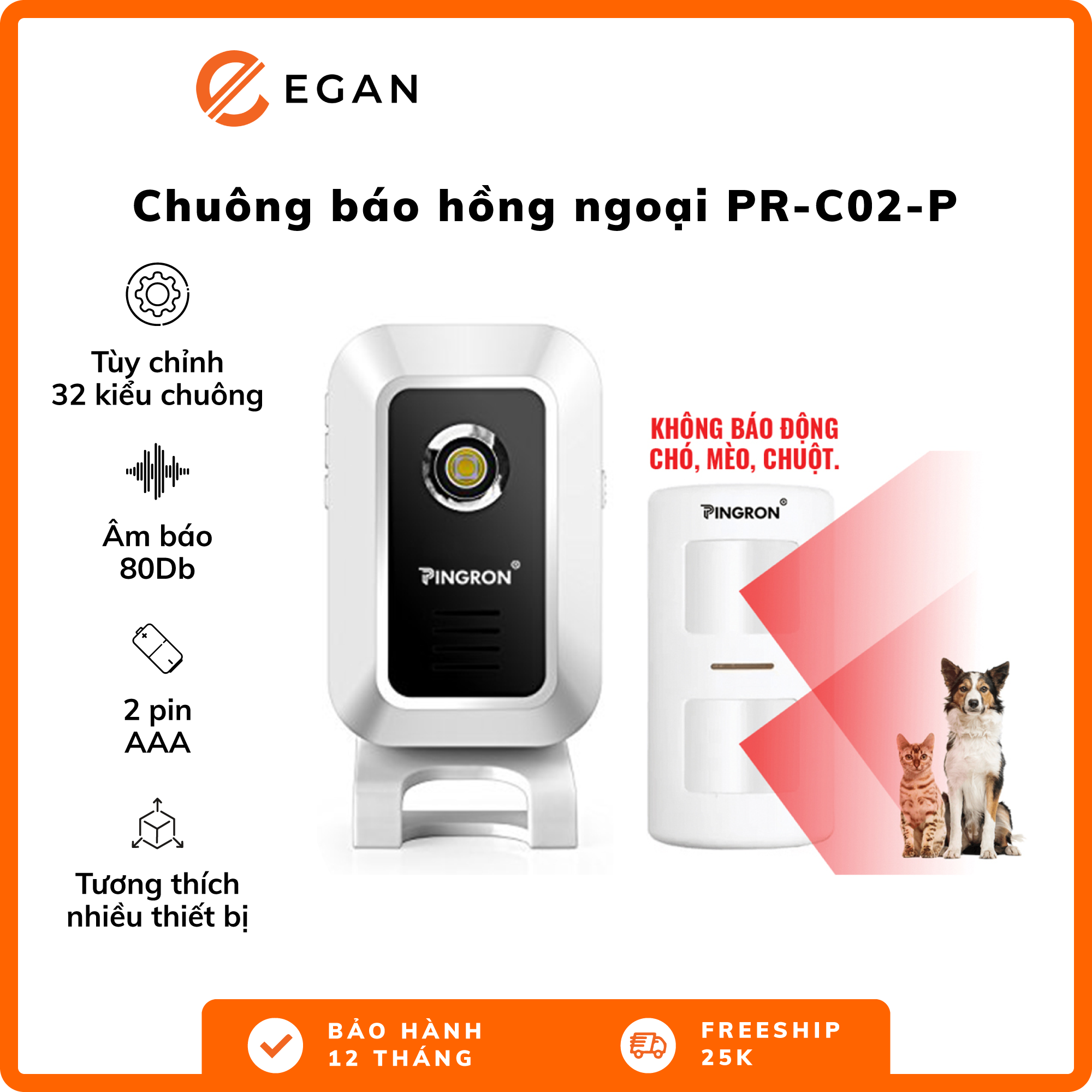 Chuông Báo Khách Và Chống Trộm Hồng Ngoại Không Dây Cảm Biến Báo Trộm Hồng Ngoại Cảm Biến Chuyển Động Chống Trộm Hồng Ngoại Chống Chó Mèo PINGRON PR-C02-P